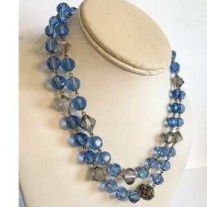 Vintage Carolee Blue Crystal Faceted Bead Necklace with Rhinestone Accent